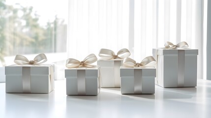 Des cadeaux alignés sur une table blanche