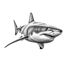 A picture of a shark with its mouth open, isolated on a white background, the teeth underneath are clearly visible - obrazy, fototapety, plakaty