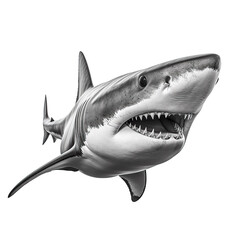A picture of a shark with its mouth open, isolated on a white background, the teeth underneath are clearly visible