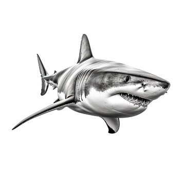A picture of a shark with its mouth open, isolated on a white background, the teeth underneath are clearly visible