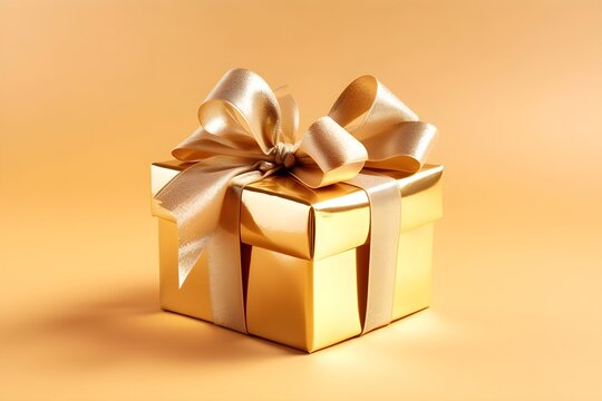 Un cadeau dans un papier doré sur fond jaune