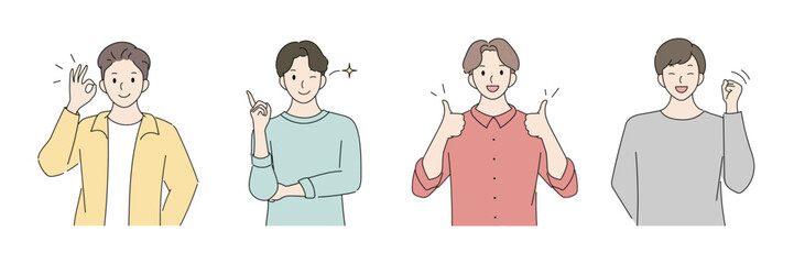 Man characters people portrait illustration. Set of men in different poses, smile, okay, say yes, pointing, good job, hairstyle and clothes. Minimal style young adults for ads, prints, decorative.