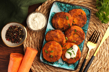 Tasty vegan cutlets with sauce and ingredients on wooden table, flat lay - obrazy, fototapety, plakaty