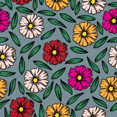 Tuinposter Decorative floral seamless pattern with colorful flowers hand-drawn on green background © dom45