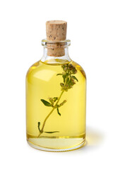 Glass bottle with homemade thyme oil close up isolated on white background