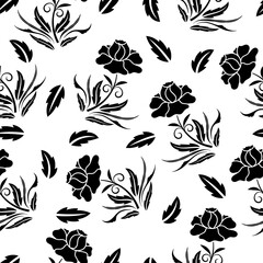 Black and white seamless floral pattern. Flowers and leaves   ornamental vector illustration