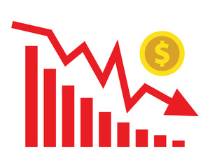 Red arrow going down stock with dollar coin on white background. Bankruptcy, financial market crash icon for your web site design, logo, app, UI. graph chart downtrend symbol.chart going down sign.
