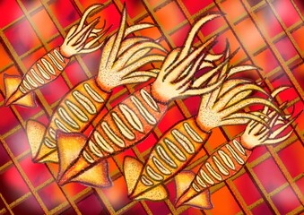 White squid painting and BBQ squid painting