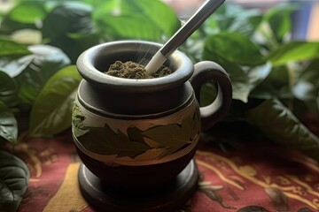 Yerba-infused tea from Guaraní: Maté. Photo generative AI - obrazy, fototapety, plakaty
