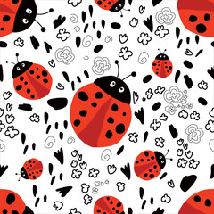 Vector summer pattern in cute ladybugs with different swirls and black spots on a white isolated background
