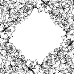Hand drawn ink apple flowers, branches and leaves, monochrome vector, detailed outline blossom Circle round wreath Isolated on white background Design for wall art, wedding, print, fabric, cover card.