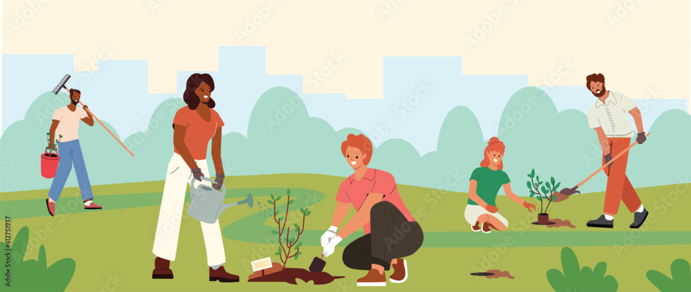 Wall mural Reforestation, Nature and Ecology Concept. World Environment Day, Characters Planting Seedlings and Growing Trees into Soil Working in Garden, Save World, Earth Day. Cartoon People Vector Illustration