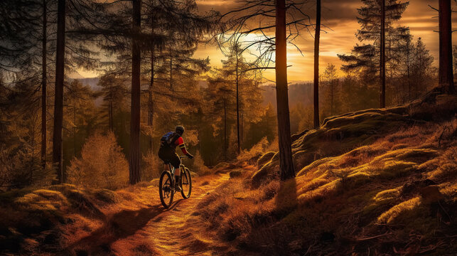 Mountain biker riding on bike in spring inspirational forest landscape. Man cycling on enduro trail track. Generative AI