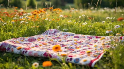  Beautiful summer landscape with a blanket on a meadow with flowers © Barosanu