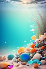 Fototapeta na wymiar Underwater landscape with seashells, gems, pebbles. Tropical aquarium background. Generative AI