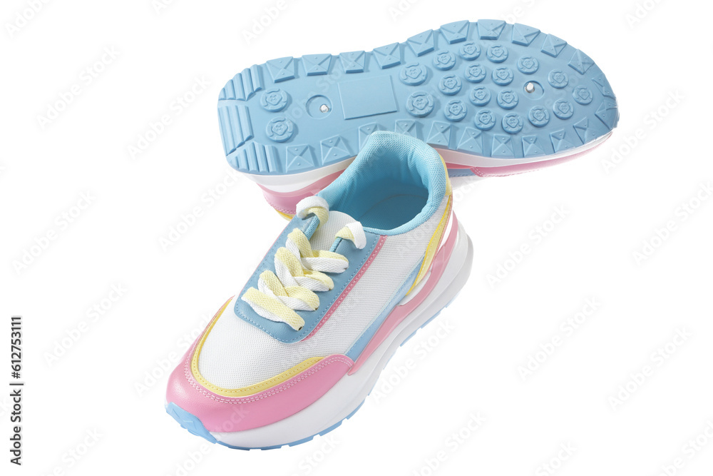 Sticker Pair of stylish colorful sneakers on white background