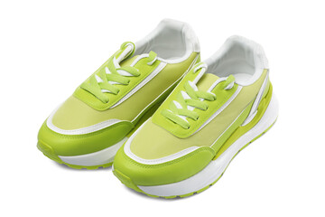 Pair of stylish light green sneakers on white background