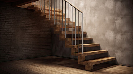Conceptual image with wooden stairs in dark room.