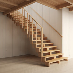 Wooden staircase in the modern interior with bright light.