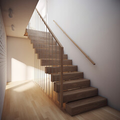 Wooden stairs in a modern interior with daylight and sun.