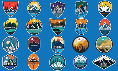 Set of twenty mountain travel emblems. Camping outdoor adventure emblems, badges and logo patches. Mountain tourism, hiking. Forest camp labels in vintage style
