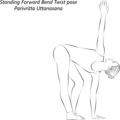 Naklejka premium Sketch of young woman practicing yoga, doing Standing Forward Bend Twist pose or Twisted Forward Bend pose. Parivritta Uttanasana. Vector illustration isolated on transparent background.