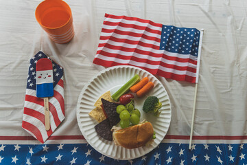 Traditional American holiday picnic table and healthy snacks