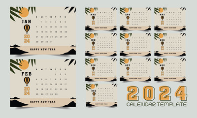2024 calendar. Cover, set of 12 months pages and page with 2024 calendar. Vector illustration.