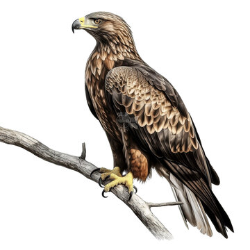An eagle stands on a branch, isolated on a white background