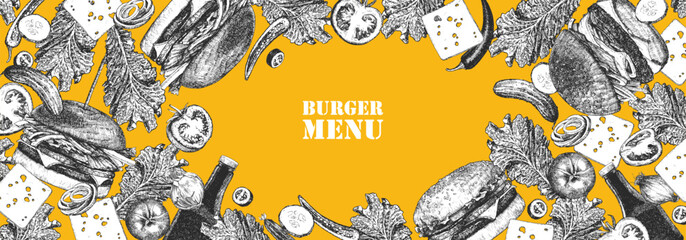 Burger Menu. Hand-drawn illustration of dishes and products. Ink. Vector 