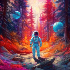 An astronaut in the forest. Colorful background, suitable for T-shirts, posters, postcards and books. Sci fi and fantasy concept. Generate ai.