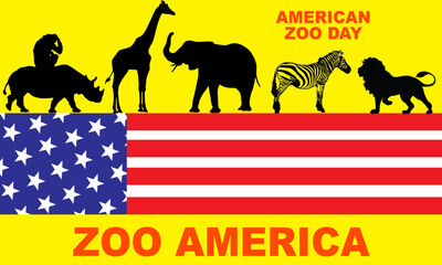 silhouettes of zoo animals (elephant, giraffe, lion and zebra) with American Flag and bold text to commemorate American Zoo Day on July 1
