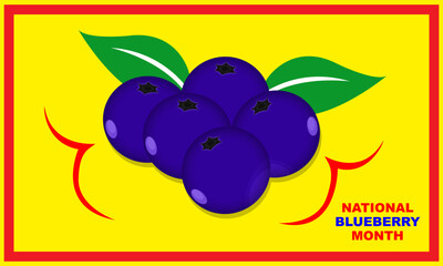 5 blueberries with 2 leaves and red square frame and bold text commemorating the NATIONAL BLUEBERRY MONTH on July
