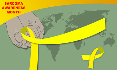 a pair of hands holding a yellow Health Ribbon with a World Map and Bold text commemorating SARCOMA AWARENESS MONTH
