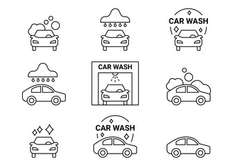 Car wash line icons set, clean auto. Cleanliness transport, vehicle cleaning. Water and soap wash, polish. Vector sign