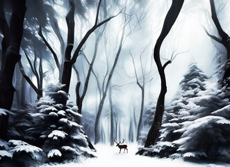 Winter forest scene with buck. AI generated - 612755181
