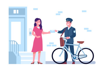 Letter carrier with bag delivered mail to address and gave it woman. Female receiving correspondence. Postman with bicycle. House door porch. Postal courier in uniform. png concept