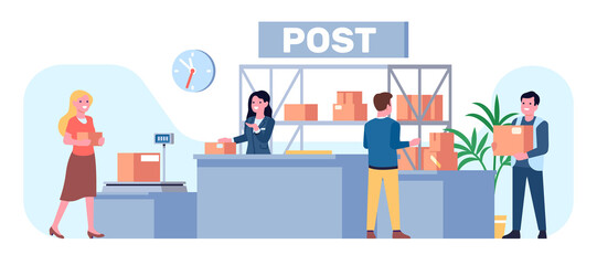 Post office. Parcel pickup and delivery. Cardboard boxes send and receive. Postal service workers. Order packages. Man and woman at reception desk. Packs distribution. png concept