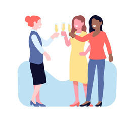 Obraz premium Women celebrate with glasses of champagne. Friend or colleague congratulation. Females clink wineglasses and say festive toasts. Holiday celebration. Anniversary party. png concept