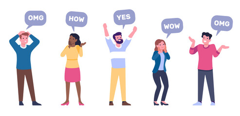 Surprised men and women say wow. People expressions. Omg and how sayings. Girls and guys with speech bubbles. Wondering males and females. png persons communication reactions set