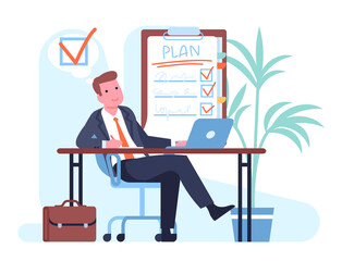 Man plans his to do list by making notes in notebook. Agenda and deadline planning. Completed tasks. Worker sitting at office table. Goals scheduling. Time management. png concept