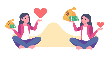 Woman makes choice between love or money. Finance and romantic relationship comparison. Pensive female choosing dollar banknotes or amour heart. Alternative solutions. png concept