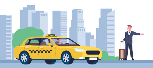Man tries to catch taxi in street by raising his hand. Cab calling. Transportation by automobile. Car driver and passenger. Businessman in suit with baggage. Auto service. png concept © VectorBum