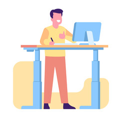 Man works comfortably at his computer while standing at desk. Happy male worker at PC monitor. Comfort workplace. Correct position. Adjustable table. Ergonomic furniture. png concept