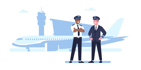 Obraz premium Two pilots in front of passenger plane. Airport staff. Airplane captain. Transportation by air. Standing men in uniform. Aviators occupation. Commercial aircraft flight. png concept