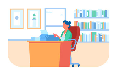 Writer works in her office on typewriter. Woman sitting in an armchair behind wooden desk with stack of papers. Author typing text. Editor and copywriter. Secretary job. png concept