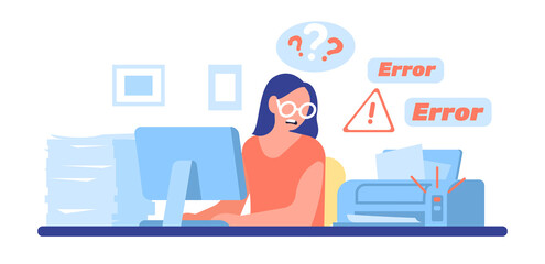 Printer broke. Girl upset by copier breakdown and lots of papers. Office trouble. Equipment error. Woman working at computer. Photocopier malfunction. Photocopy machine. png concept