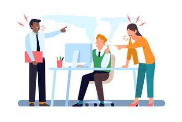 Stop smoking. Employees are angry at colleague with cigarette. Office conflict. Unhealthy habit. People suffer from tobacco smoke. Nicotine addiction. Smoker at workplace. png concept