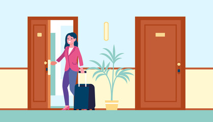 Fototapeta premium Woman tourist with suitcase walks into hotel room. Female opening door with electronic key. Traveler accommodation in motel. Hostel corridor interior. Guests baggage. png concept
