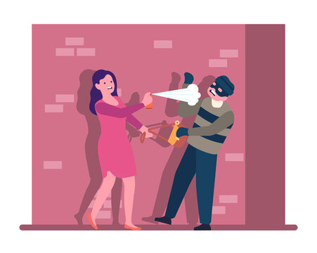 Woman defends herself from mugger with pepper spray. Self protection attack. Burglar stealing female handbag. Safety from robbers. Victim of bag snatcher. Gangster crime. png concept
